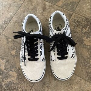 White and Black Graphic Vans Sneakers